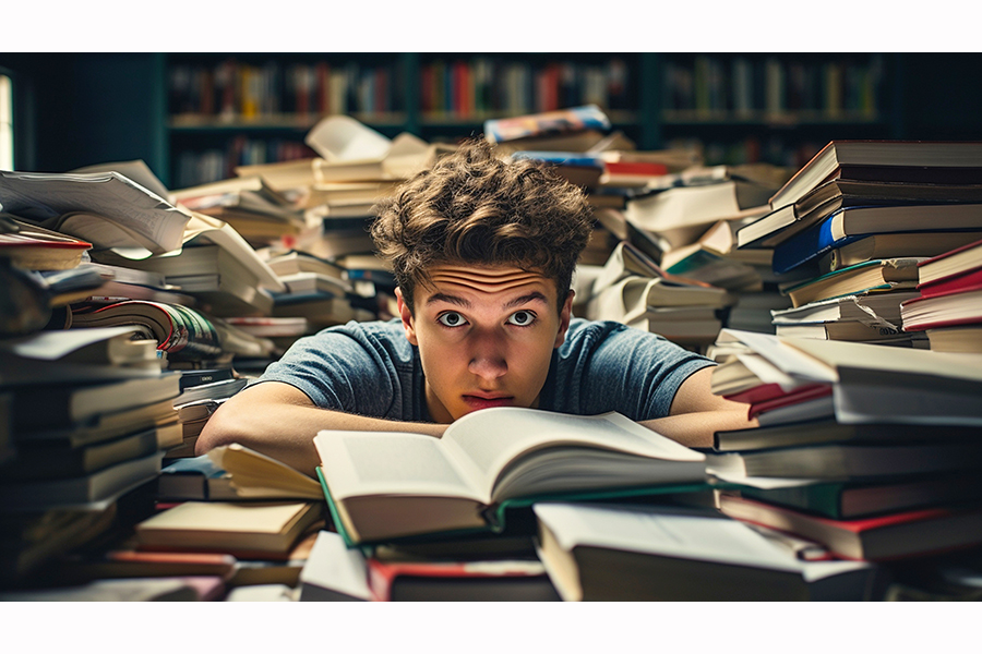 Ein junger Mann im T-Shirt legt inmitten einem Meer aus aufgeschlagenen Büchern mit grossen Augen den Kopf auf den Tisch