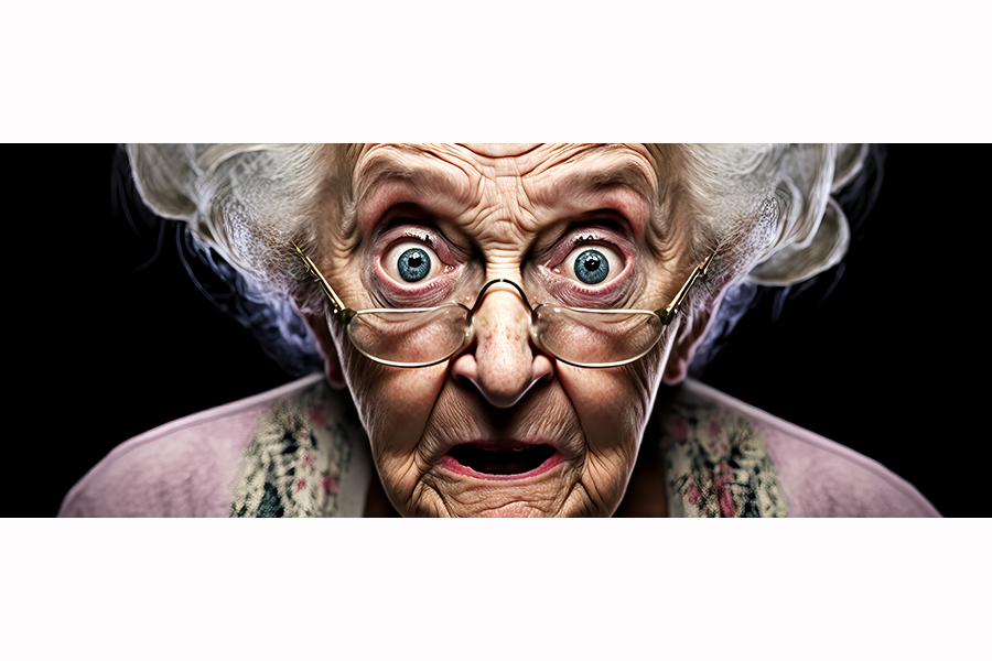 Eine sehr alte Frau mit irren Kulleraugen blickt verständnislos in die Kamera
